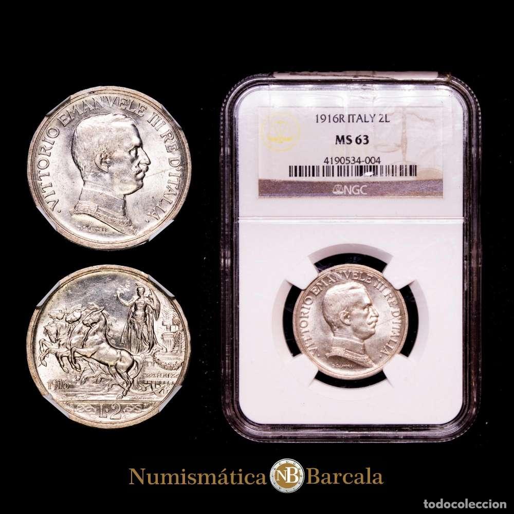 Material numism&aacute;tico: Vittorio Emanuele III. Italia. 2 liras, 1916-R. Pagani-739;KM-55. Encapsulado por NGC como MS 63.
