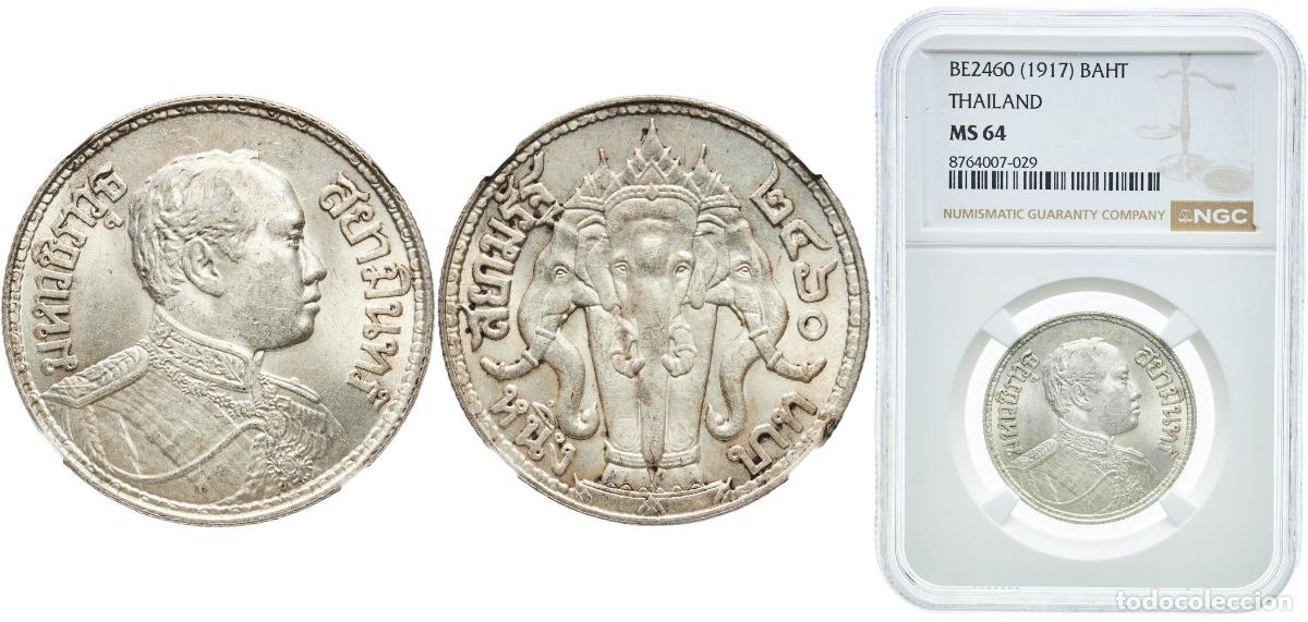 Material numism&aacute;tico: Thailand Kingdom of Siam BE2460 (1917) 1 Baht - Rama VI Original luster Silver (.900) 15g NGC MS 64