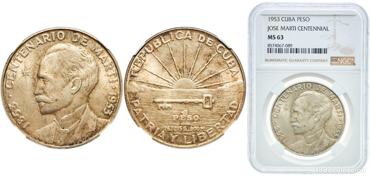 Material numism&aacute;tico: Cuba First Republic 1953 1 Peso (Jos&eacute; Mart&iacute;) Slight patina With traces of luster Silver (.900) (sil