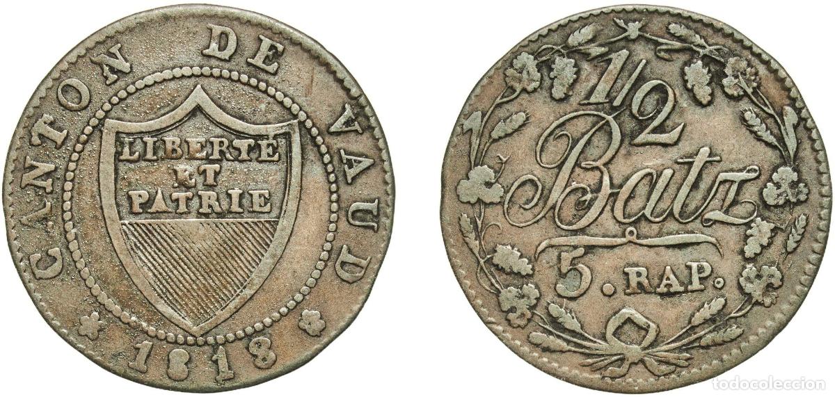 Material numism&aacute;tico: Switzerland Canton of Vaud Swiss cantons 1818 &frac12; Batzen / 5 Rappen Billon (.089 silver) 1.75g VF KM