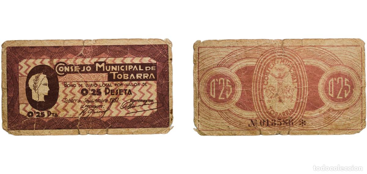 Material numism&aacute;tico: Spain Tobarra, Municipality of Second Republic 1937 0.25 Peseta (Tobarra) Paper VF Gari Mon 1425-C