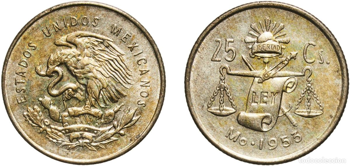 Material numism&aacute;tico: Mexico United Mexican States 1953 Mo 25 Centavos Billon (.300 silver) (Copper .500, Nickel .100, Zi