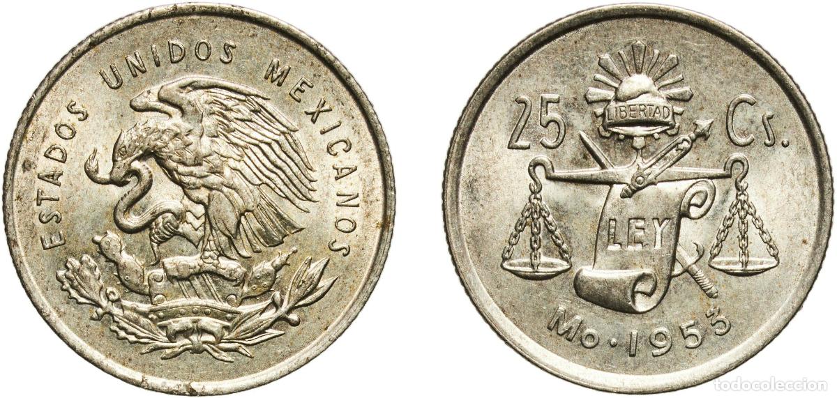 Material numism&aacute;tico: Mexico United Mexican States 1953 Mo 25 Centavos Original luster Billon (.300 silver) (Copper .500,