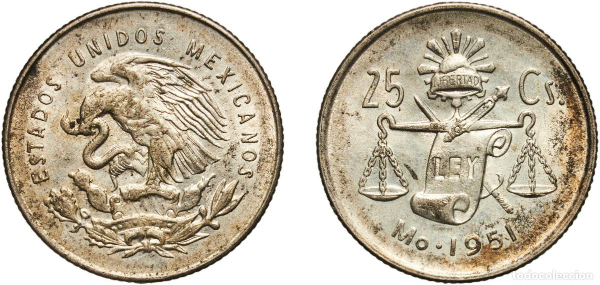 Material numism&aacute;tico: Mexico United Mexican States 1951 Mo 25 Centavos Original luster Billon (.300 silver) (Copper .500,