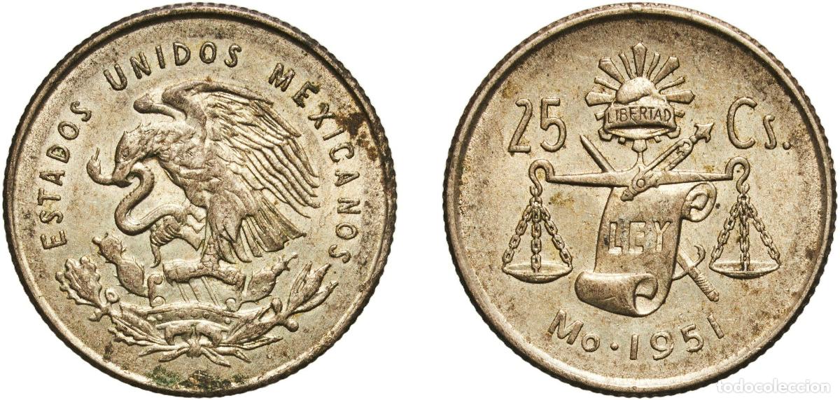 Material numism&aacute;tico: Mexico United Mexican States 1951 Mo 25 Centavos Billon (.300 silver) (Copper .500, Nickel .100, Zi