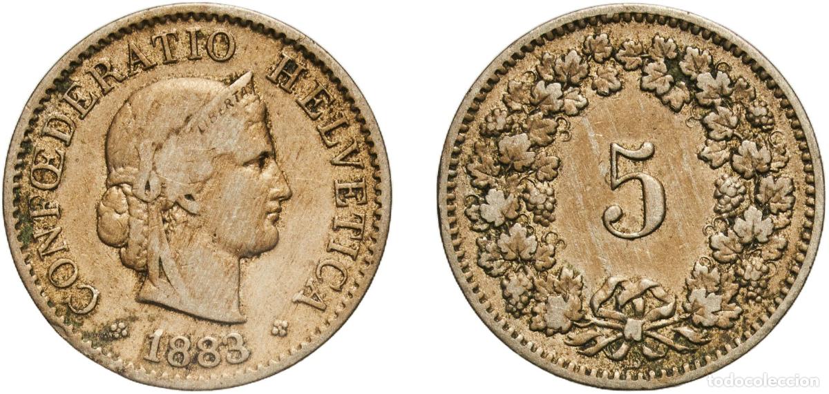 Material numism&aacute;tico: Switzerland Federal State 1883 B 5 Rappen (Libertas; copper-nickel) Copper-nickel (75% copper, 25%
