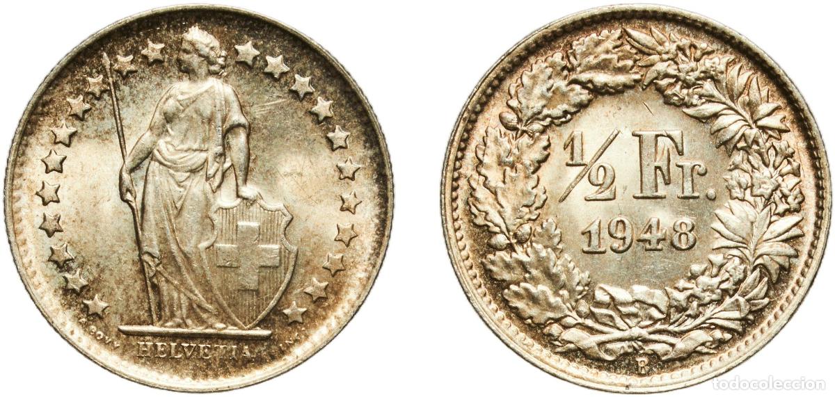 Material numism&aacute;tico: Switzerland Federal State 1948 B &frac12; Franc (Helvetia standing; silver) Original luster Wonderful pati