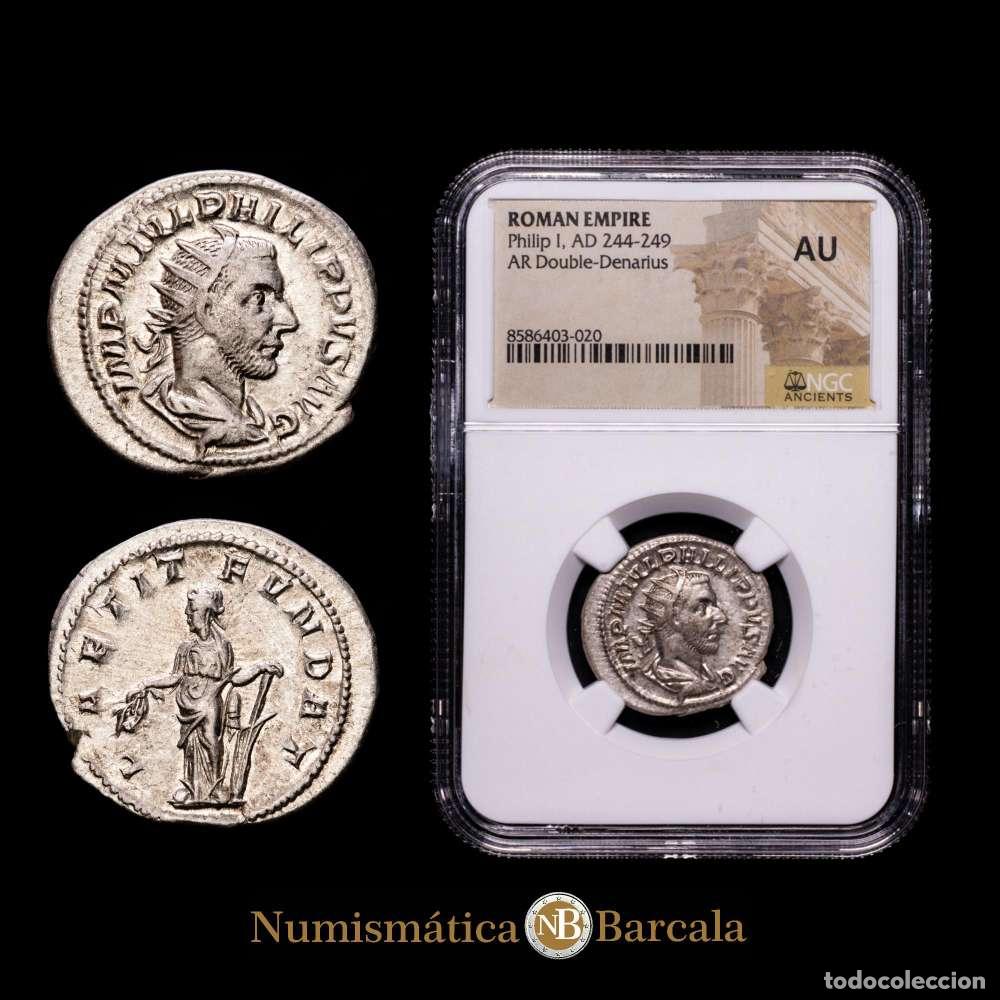 Material numism&aacute;tico: Filipo I. Antoniniano. 244-247 dC Roma. (Ric-IV 36b). (Rsc-80). Ag. Encapsulado por NGC como AU.