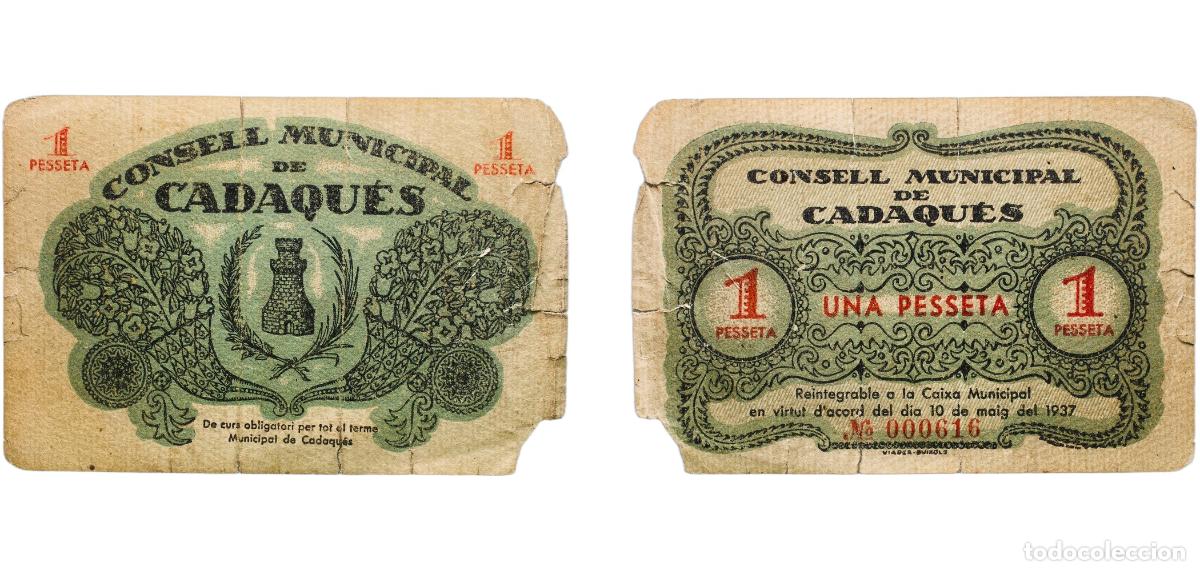 Material numism&aacute;tico: Spain Cadaqu&eacute;s, Municipality of Second Republic 1937 1 Pesseta (Cadaqu&eacute;s) Paper (10000) F Damage T