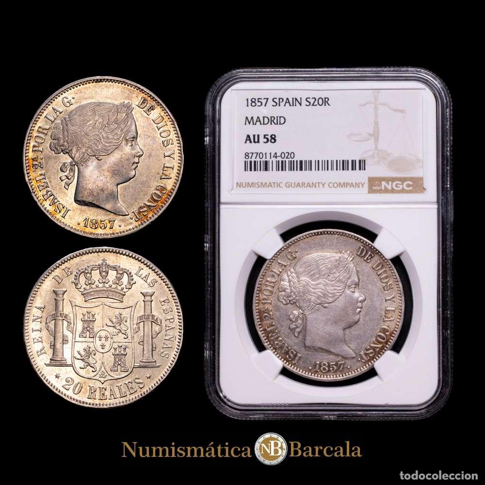 Material numism&aacute;tico: Isabel II. 20 Reales. (26,01 g.). Madrid. 1857. AC-614.