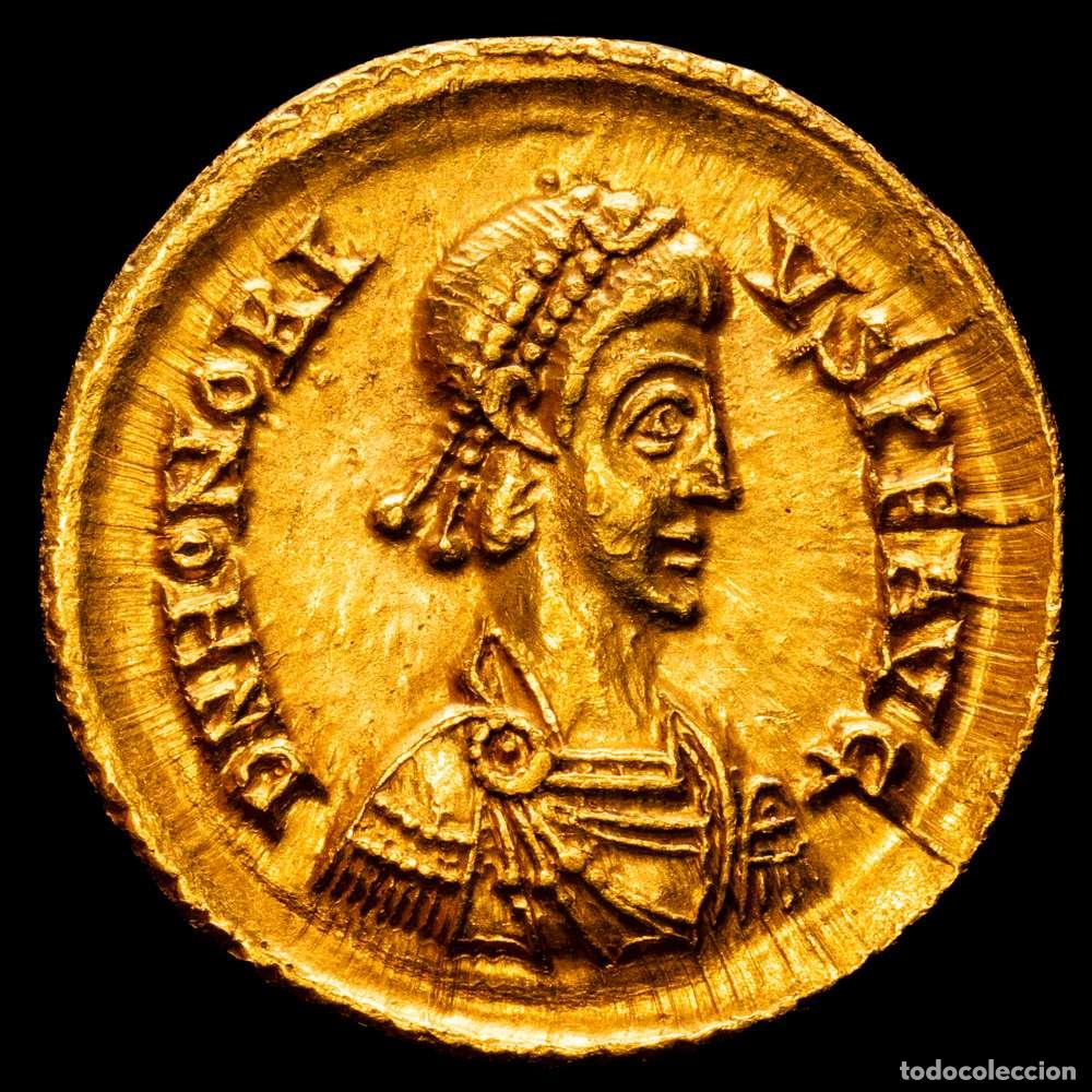 Material numism&aacute;tico: HONORIO (404-408). S&oacute;lido. Roma (404-416). AU 4,46 g. 21,18 mm. RIC-1254. EBC-. Muy bella.