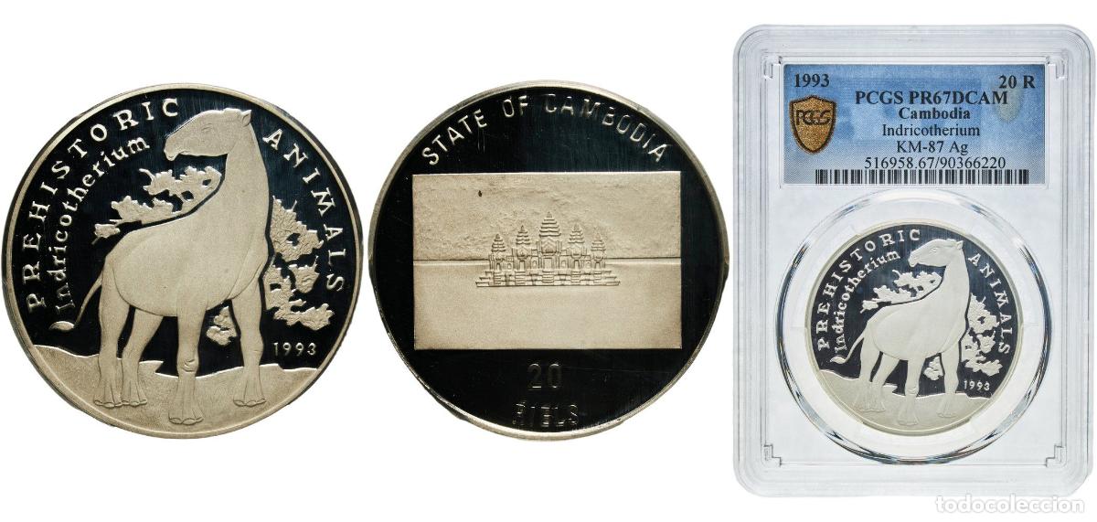 Material numism&aacute;tico: Cambodia State 1993 20 Riels (Prehistoric Animals - Indricotherium) Silver (.999) Empresa Cubana de