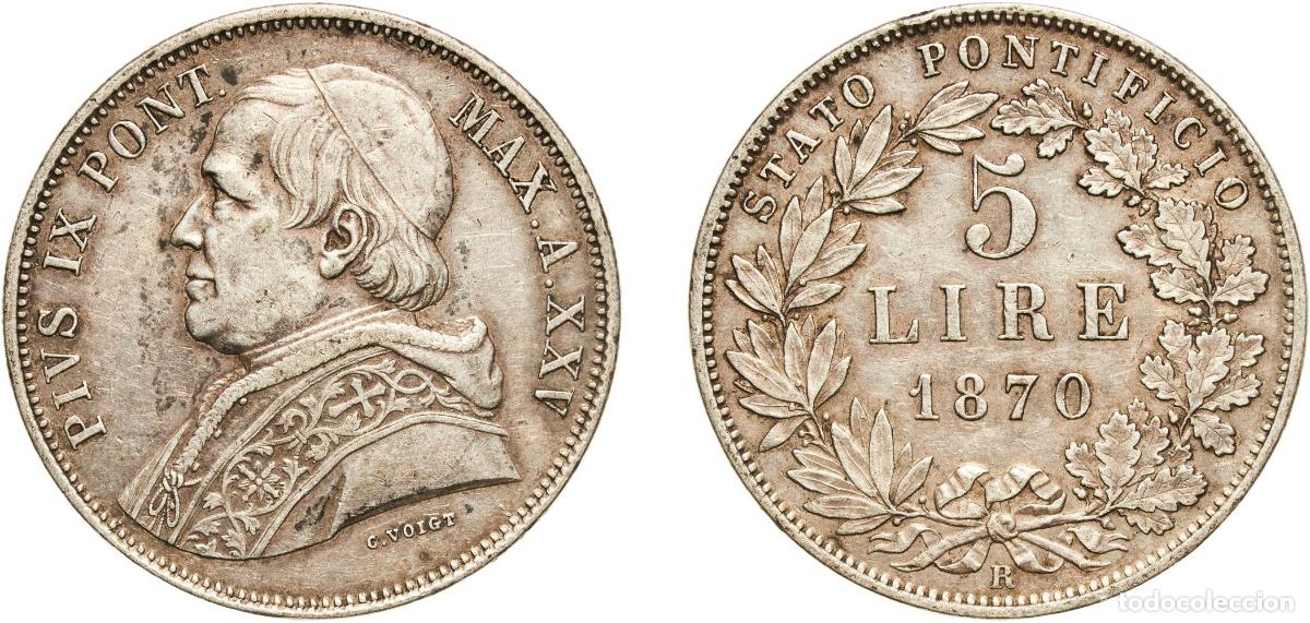 Material numism&aacute;tico: Italy Papal States Italian states 1870 R 5 Lire - Pio IX Silver (.900) Rome Mint 25g XF KM 1385 MI