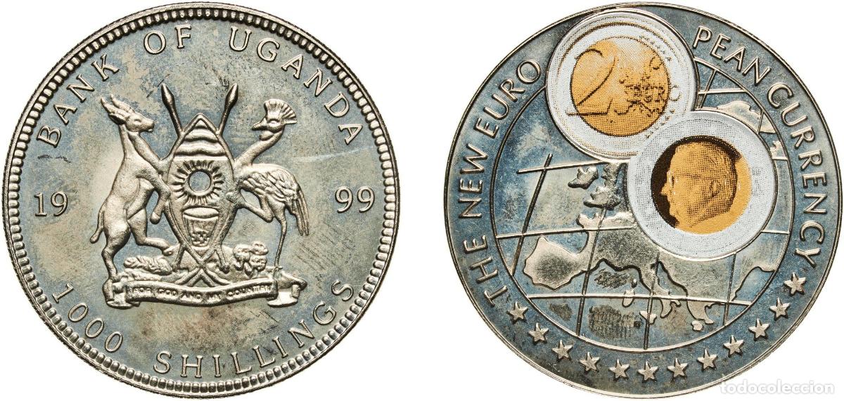 Material numism&aacute;tico: Uganda Republic 1999 1000 Shillings (20 Euro cent Belgium) Copper-nickel (with paper applique-coin