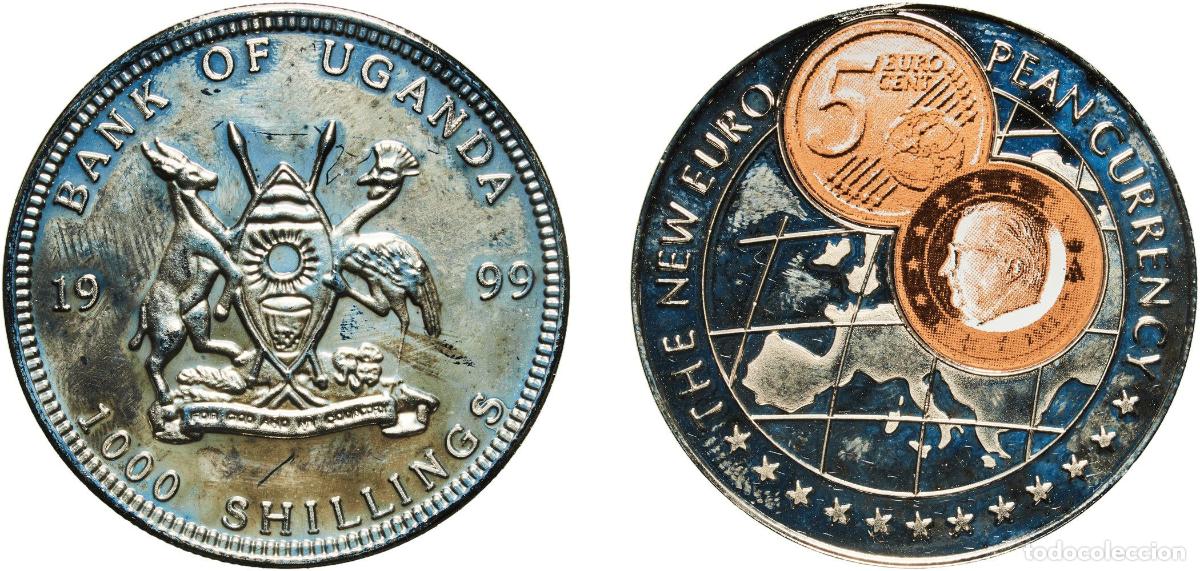 Material numism&aacute;tico: Uganda Republic 1999 1000 Shillings (5 Euro cent Belgium) Copper-nickel (with paper applique-coin a