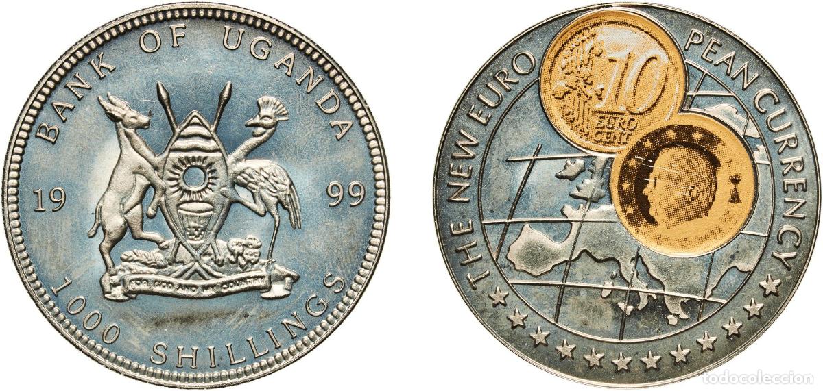 Material numism&aacute;tico: Uganda Republic 1999 1000 Shillings (50 Euro cent Belgium) Copper-nickel (with paper applique-coin