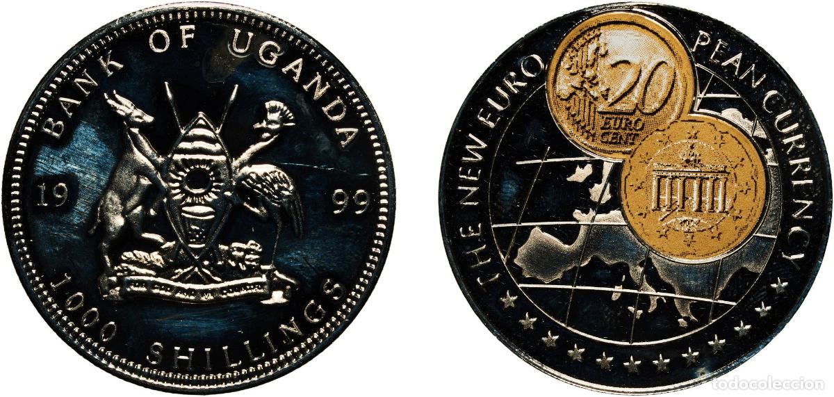 Material numism&aacute;tico: Uganda Republic 1999 1000 Shillings (20 Euro cent Austria) Copper-nickel (with paper applique-coin