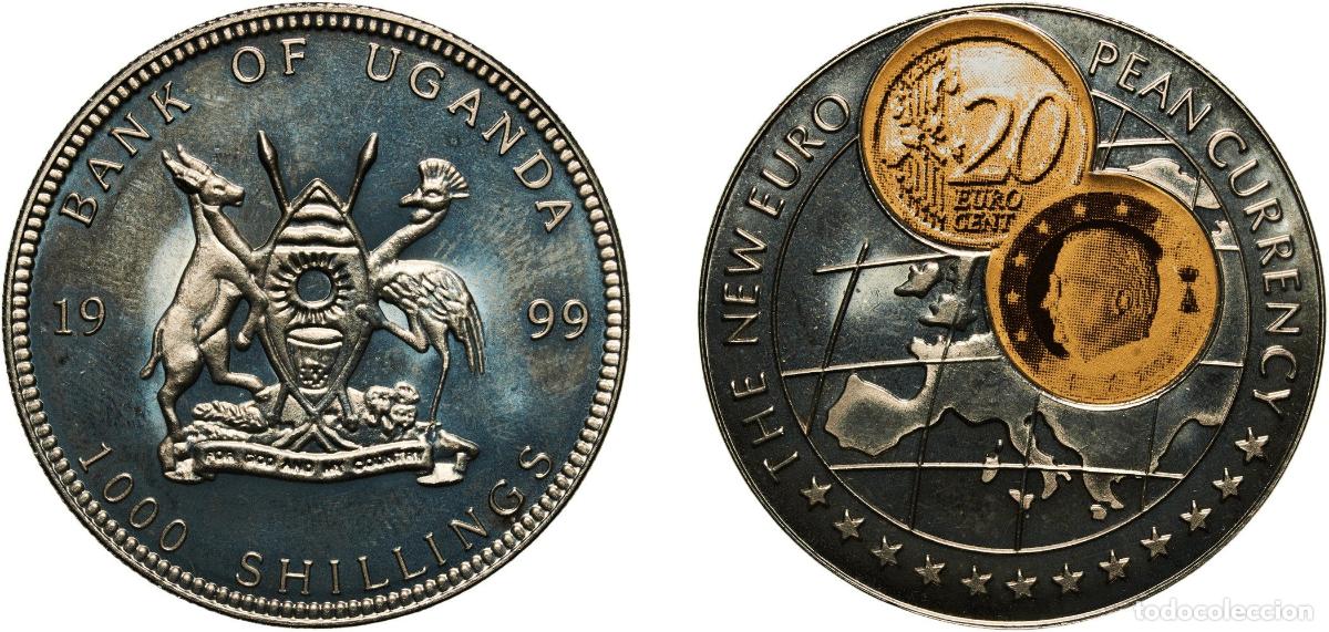 Material numism&aacute;tico: Uganda Republic 1999 1000 Shillings (20 Euro cent Belgium) Copper-nickel (with paper applique-coin