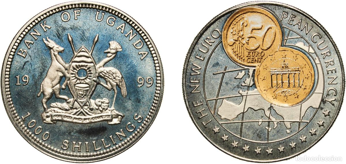 Material numism&aacute;tico: Uganda Republic 1999 1000 Shillings (50 Euro cent Netherlands) Copper-nickel (with paper applique-c