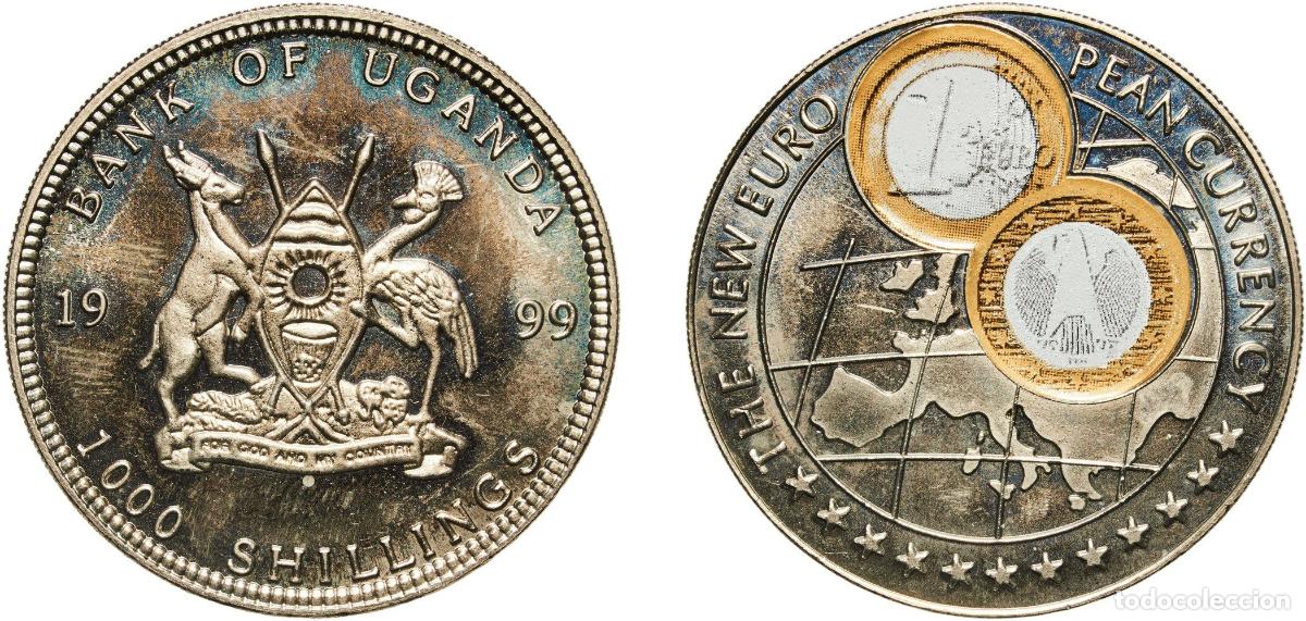 Material numism&aacute;tico: Uganda Republic 1999 1000 Shillings (1 Euro Germany) Copper-nickel (with paper applique-coin attach