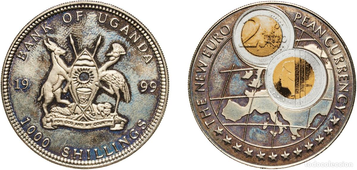 Material numism&aacute;tico: Uganda Republic 1999 1000 Shillings (2 Euro Netherlands) Copper-nickel (with paper applique-coin at