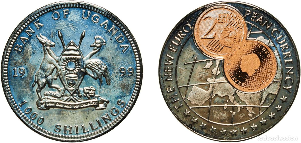 Material numism&aacute;tico: Uganda Republic 1999 1000 Shillings (2 Euro cent Netherlands) Copper-nickel (with paper applique-co