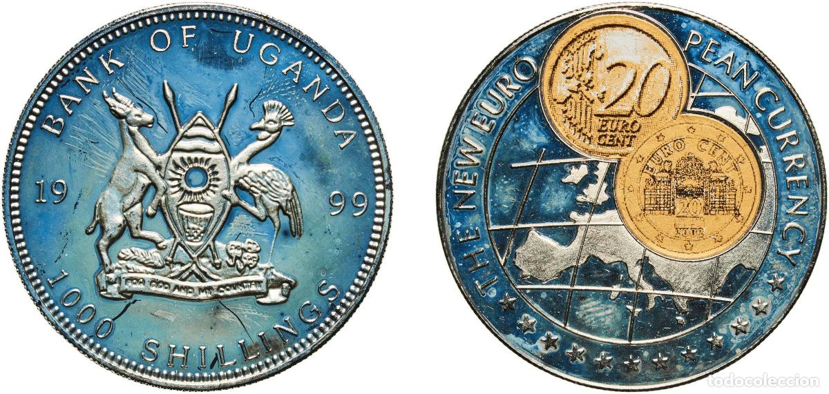 Material numism&aacute;tico: Uganda Republic 1999 1000 Shillings (20 Euro cent Austria) Copper-nickel (with paper applique-coin