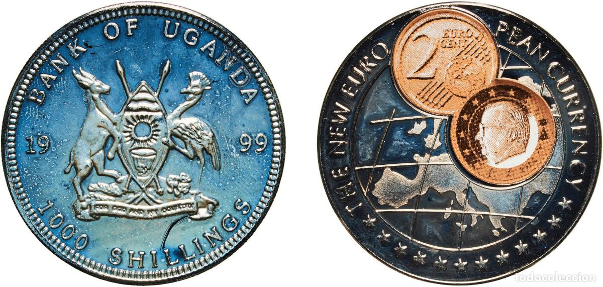 Material numism&aacute;tico: Uganda Republic 1999 1000 Shillings (2 Euro Belgium) Copper-nickel (with paper applique-coin attach