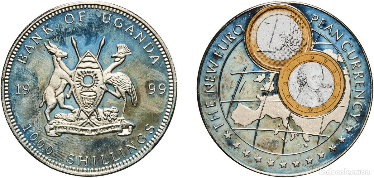 Material numism&aacute;tico: Uganda Republic 1999 1000 Shillings (1 Euro Austria) Copper-nickel (with paper applique-coin attach