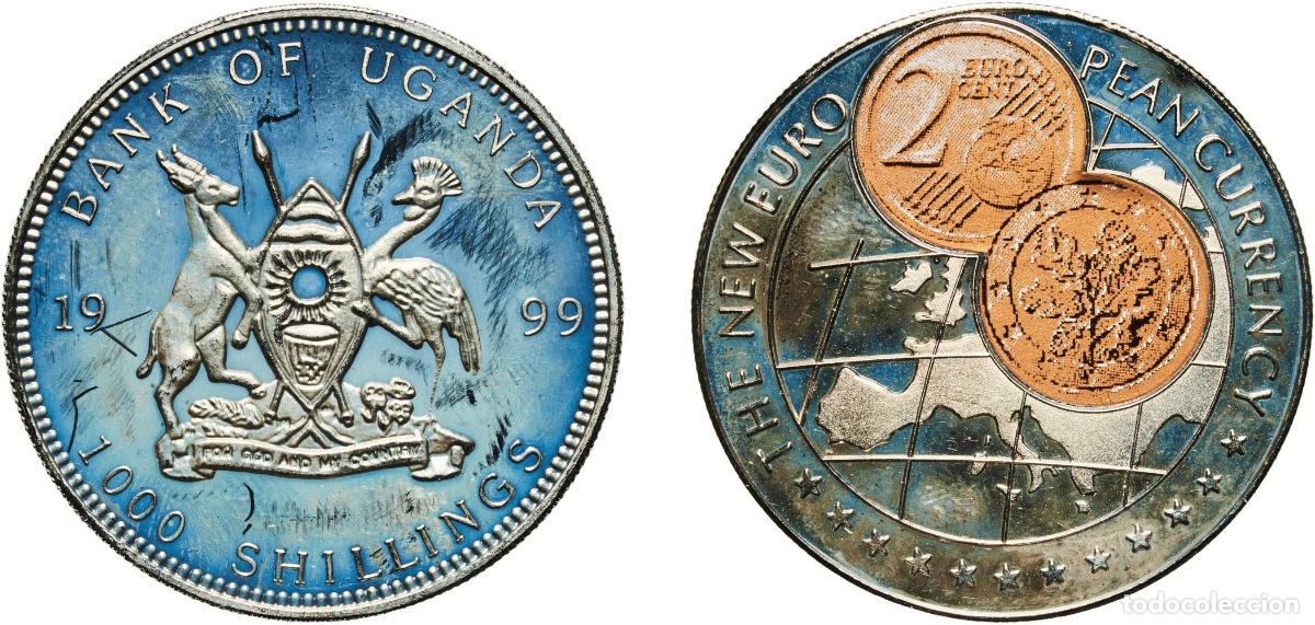 Material numism&aacute;tico: Uganda Republic 1999 1000 Shillings (2 Euro cent Germany) Copper-nickel (with paper applique-coin a