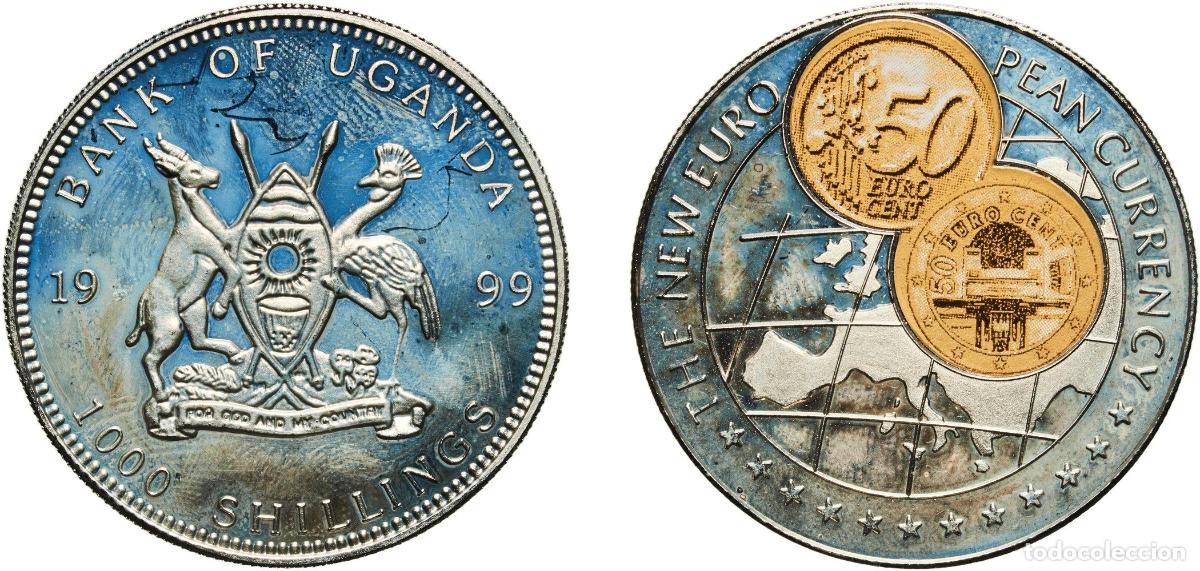 Material numism&aacute;tico: Uganda Republic 1999 1000 Shillings (50 Euro cent Austria) Copper-nickel (with paper applique-coin