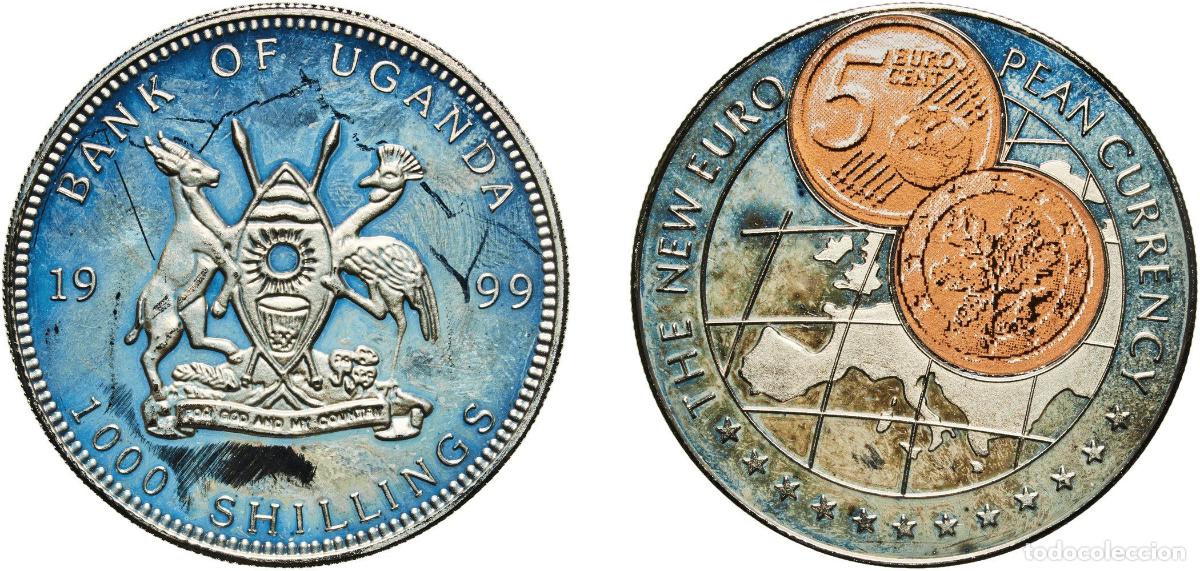 Material numism&aacute;tico: Uganda Republic 1999 1000 Shillings (5 Euro cent Germany) Copper-nickel (with paper applique-coin a