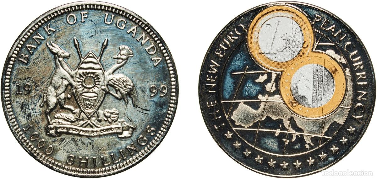 Material numism&aacute;tico: Uganda Republic 1999 1000 Shillings (1 Euro Netherlands) Copper-nickel (with paper applique-coin at