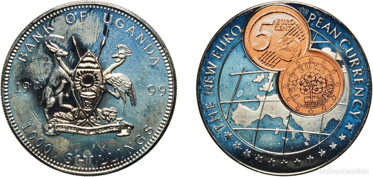 Material numism&aacute;tico: Uganda Republic 1999 1000 Shillings (5 Euro cent Austria) Copper-nickel (with paper applique-coin a