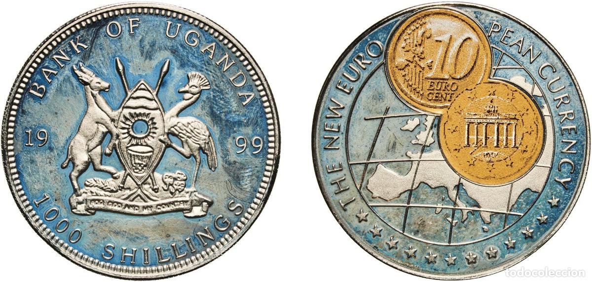 Material numism&aacute;tico: Uganda Republic 1999 1000 Shillings (10 Euro cent Germany) Copper-nickel (with paper applique-coin