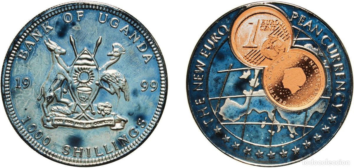 Material numism&aacute;tico: Uganda Republic 1999 1000 Shillings (1 Euro cent Netherlands) Copper-nickel (with paper applique-co