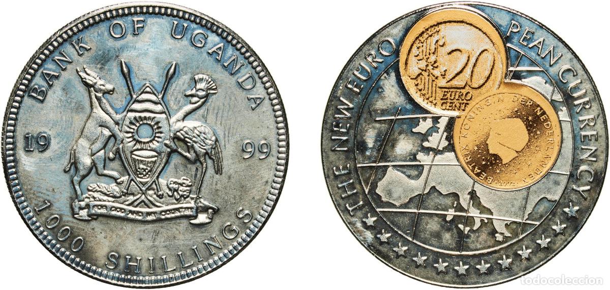 Material numism&aacute;tico: Uganda Republic 1999 1000 Shillings (20 Euro cent Netherlands) Copper-nickel (with paper applique-c