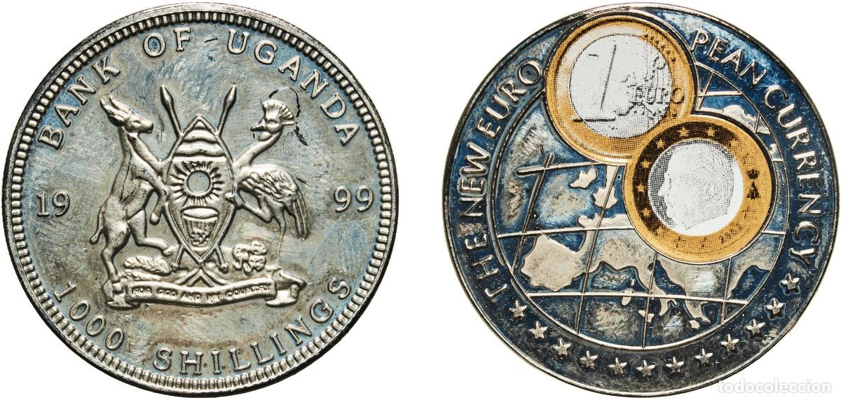 Material numism&aacute;tico: Uganda Republic 1999 1000 Shillings (1 Euro Belgium) Copper-nickel (with paper applique-coin attach