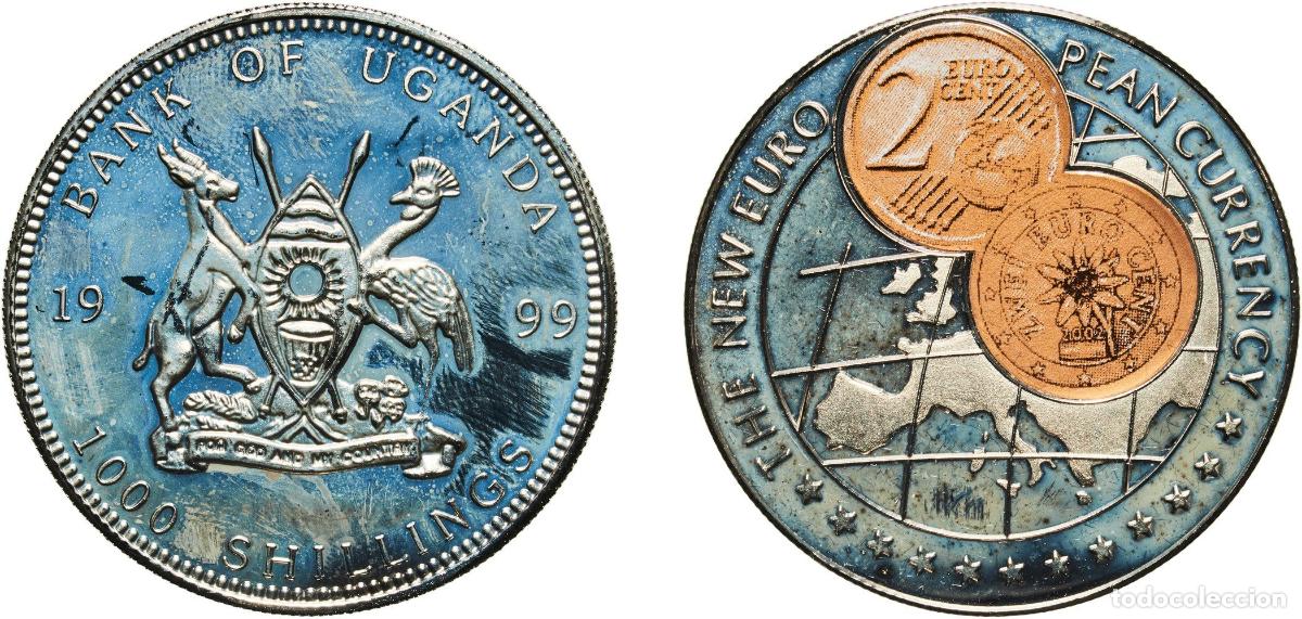 Material numism&aacute;tico: Uganda Republic 1999 1000 Shillings (2 Euro cent Austria) Copper-nickel (with paper applique-coin a