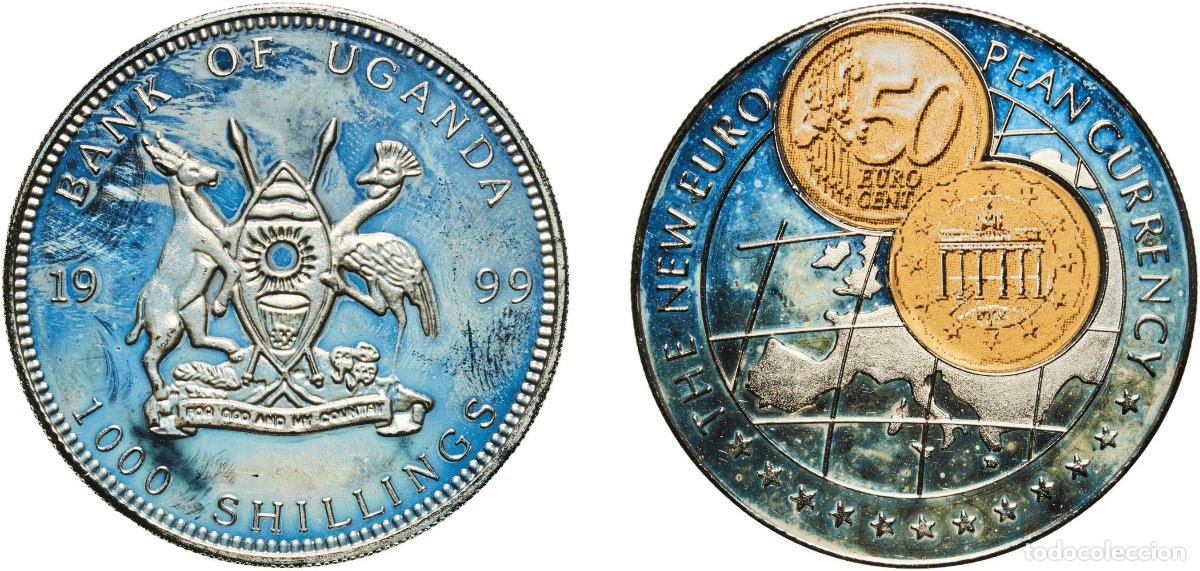 Material numism&aacute;tico: Uganda Republic 1999 1000 Shillings (50 Euro cent Germany) Copper-nickel (with paper applique-coin