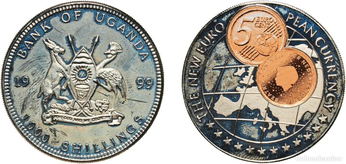 Material numism&aacute;tico: Uganda Republic 1999 1000 Shillings (5 Euro cent Netherlands) Copper-nickel (with paper applique-co