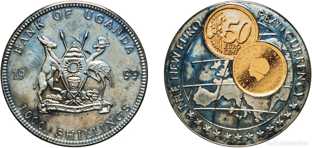 Material numism&aacute;tico: Uganda Republic 1999 1000 Shillings (50 Euro cent Netherlands) Copper-nickel (with paper applique-c