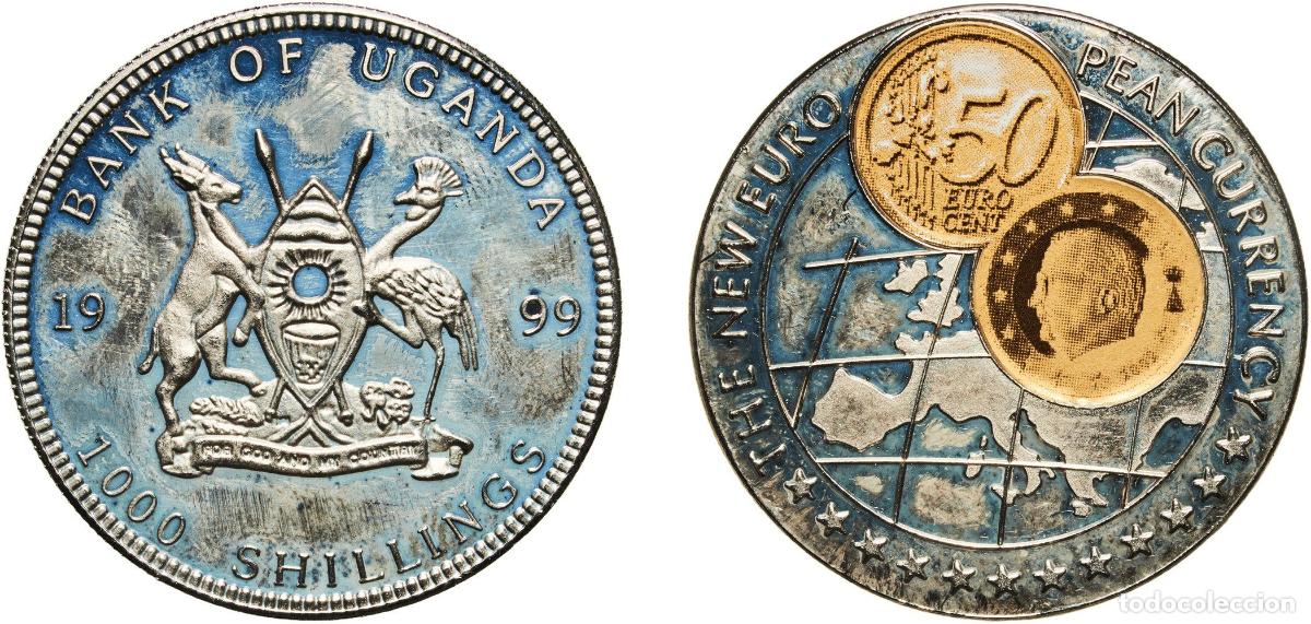 Material numism&aacute;tico: Uganda Republic 1999 1000 Shillings (50 Euro cent Belgium) Copper-nickel (with paper applique-coin