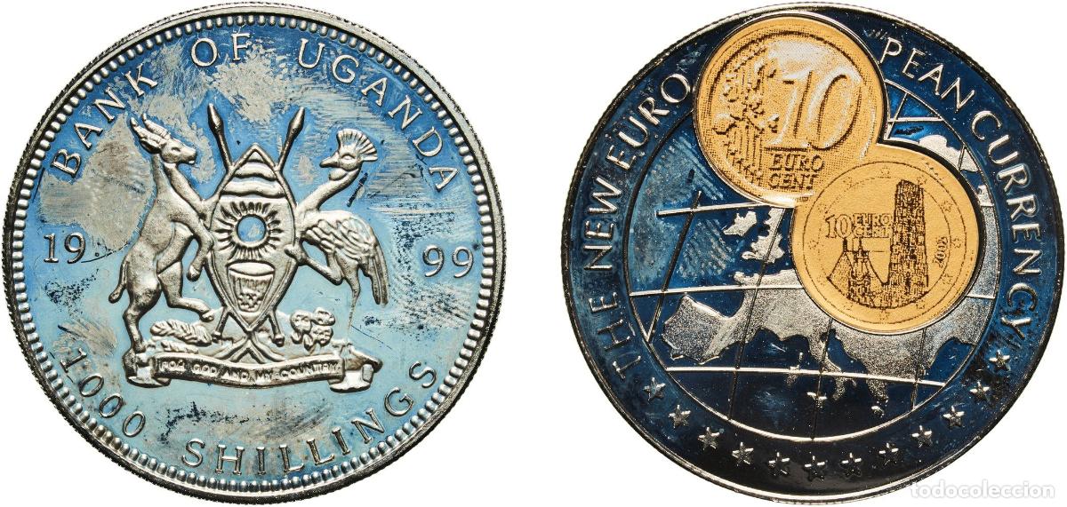 Material numism&aacute;tico: Uganda Republic 1999 1000 Shillings (10 Euro cent Austria) Copper-nickel (with paper applique-coin