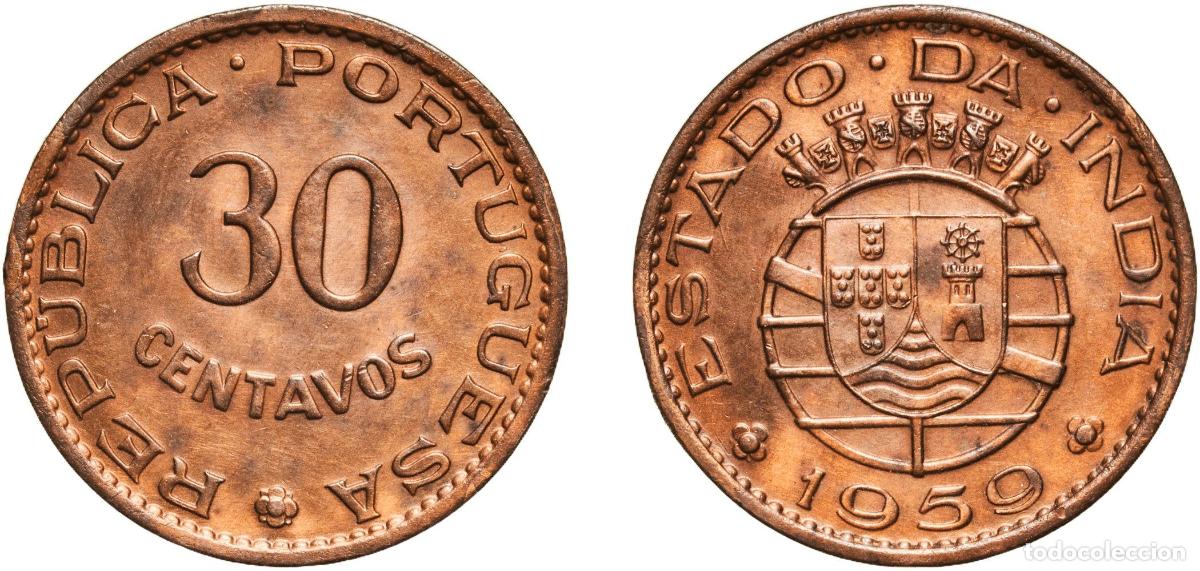 Material numism&aacute;tico: India Republic 1959 30 Centavos Bronze (95% Copper, 3% Zinc, 2% Tin) Lisbon Mint 3.95g AU KM 31 Go