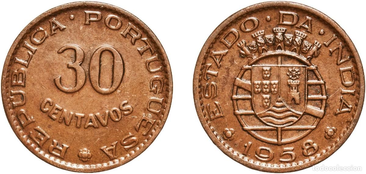 Material numism&aacute;tico: India Republic 1958 30 Centavos Bronze (95% Copper, 3% Zinc, 2% Tin) Lisbon Mint (5000000) 4g AU K