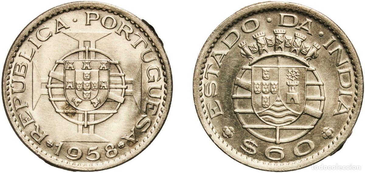 Materiale numismatico: India Republic 1958 60 Centavos Nickel brass (61% Copper, 20% Zinc, 19% Nickel) Lisbon Mint (500000