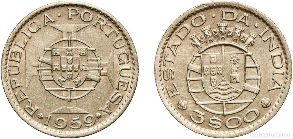 Material numism&aacute;tico: India Republic 1959 3 Escudos Nickel brass (61% Copper, 20% Zinc, 19% Nickel) Lisbon Mint 7.94g UNC