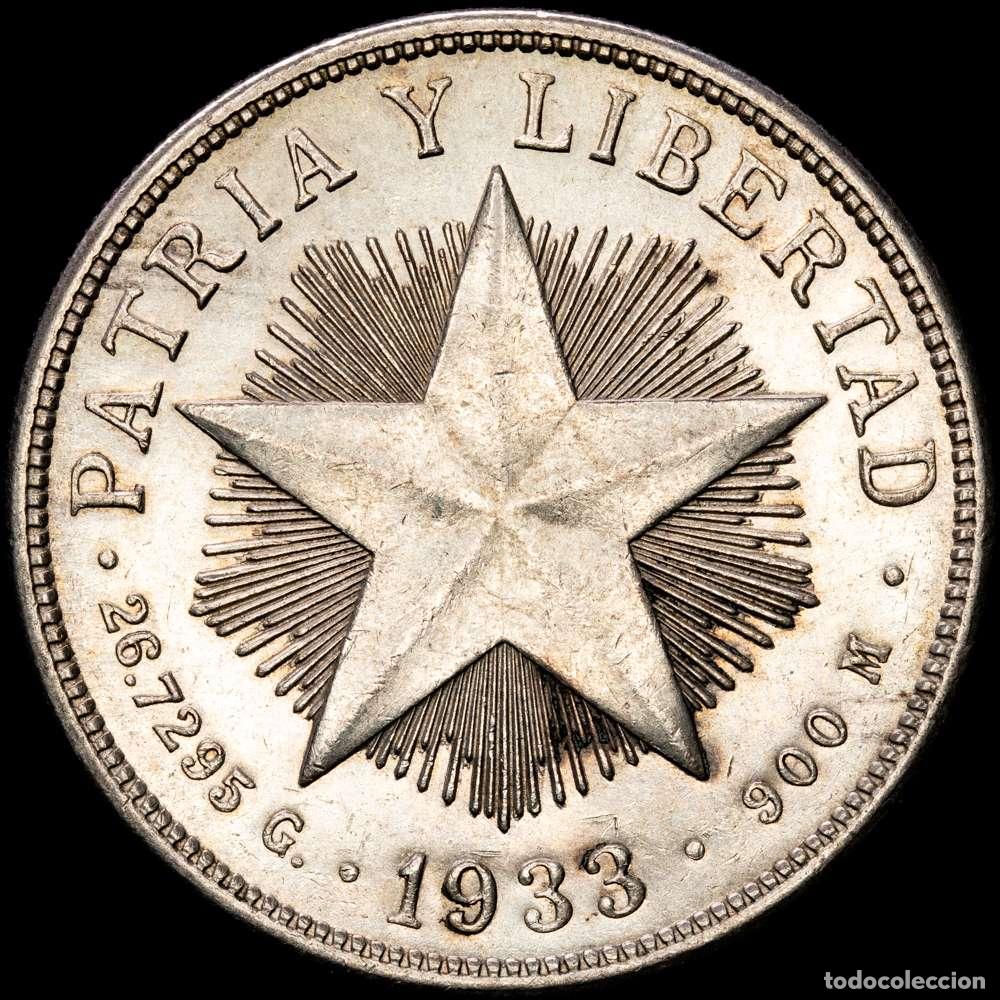 Material numism&aacute;tico: Cuba. 1 peso. 1933. Filadelfia. (Km-15.2). Ag. 26,79 g. Marquitas. Suave tono. EBC.