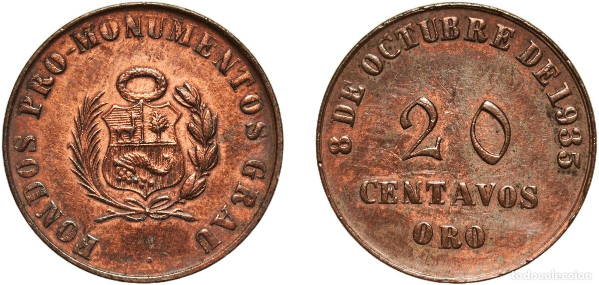 Material numism&aacute;tico: Peru 1935 20 Centavos Oro - Monument to Admiral Grau Copper Lima Mint 3.32g AU